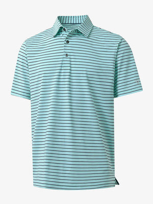 3D product view of TURQUOISE/NAVY STRIPE Youth Performance Golf Polo showing design and fit.