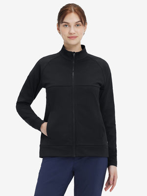 Women's Water-Resistant Stretch Fleece Lined Jacket in black, front upper body view