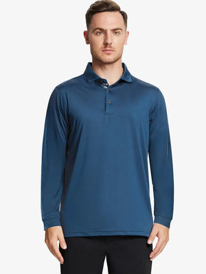 Front half-body view of model wearing BLUE Long Sleeve Solid Jersey Polo