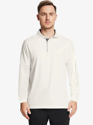Front half-body view of model wearing CREAM Long Sleeve Solid Jersey Polo