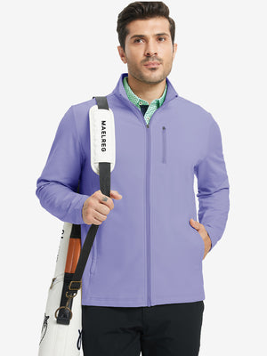 Model wearing lavender lightweight casual fleece jacket with 5 pockets, hand in pocket, tennis bag
