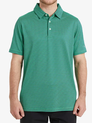 Half-body front shot of model in Cooling Stripe Golf Shirt, displaying fit and style – GREEN STRIPE