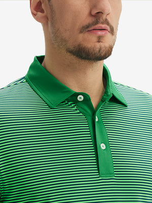Close-up: nose to chest in green stripe upgraded two-tone striped quick dry polo shirt