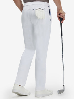 Back lower body shot of model wearing white breathable casual slacks with 4 pockets