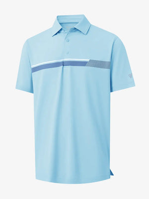 3D view of LIGHT BLUE Stylish Chest Print Snap Polo showing design and fit