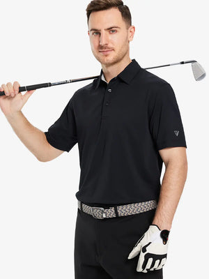 Half-body front pose with golf club in BLACK Ventilated Pique Performance Polo