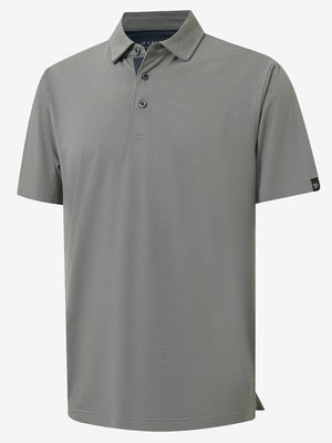 3d rendering of the black feather weight jacquard polo shirts, displaying the texture and silhouette clearly