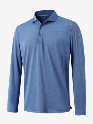 Front 3D view of Long sleeve pinstripe jersey polo in blue denim stripe with sharp stripe pattern