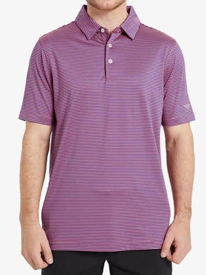 Model wearing Cooling Stripe Golf Shirt in PINK BLUE STRIPE, half-body front view with relaxed pose
