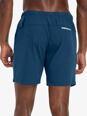 Back lower-body view from waist to upper calves in BLUE INDIGO 2 in 1 Running Sports Shorts with Liner