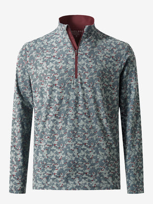 3D front view of the full print quarter zip pullover in grey/wine camo, showcasing bold and modern style.