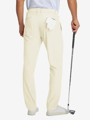 Back view of lightweight flat front casual trousers, showing structure and fit in beige.