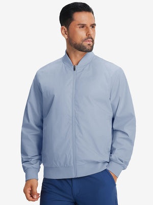 Model wearing casual windproof bomber jacket, slate blue, front upper body with relaxed fit