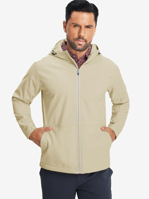 Model wearing reflective hooded softshell jacket, light khaki, front upper-body with a sleek fit.