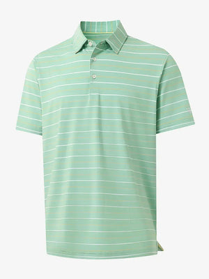 Front 3D view of trendy boys stripe polo shirts, clean structure and modern light green stripe look