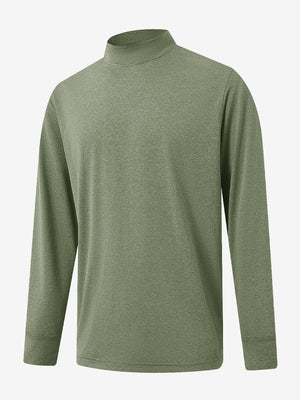 3D front display of Men’s Long Sleeve Mock Turtleneck Shirt in Olive Green Heather, clean and modern fit.