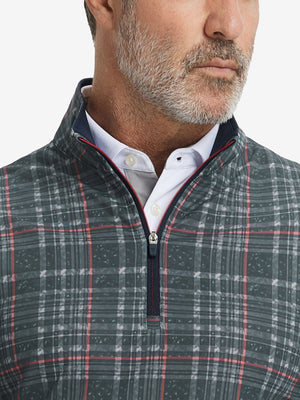 Close-up from nose to chest, showing zipper collar detail and fabric pattern of the retro black/red plaid pullover.