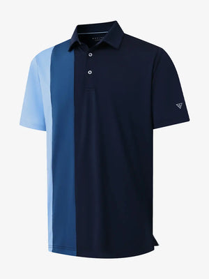 3D view of NAVY Moisture Wicking Color Block Polo Shirt showing fabric and color block design.
