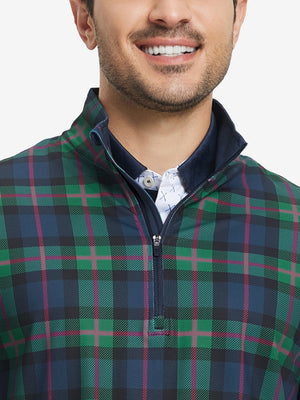 Upper front collar detail of full print lightweight quarter zip pullover, smooth zip and dark plaid accent