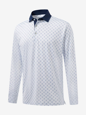 3D front view of the lightweight print long sleeve polo in white nav clue, modern and athletic design.