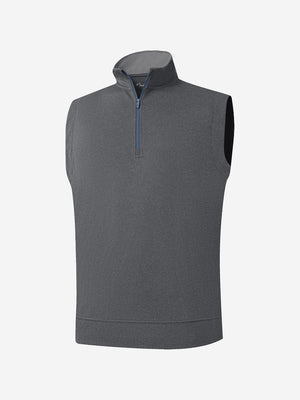 3d view of garment in black melange lightweight sleeveless quarter zip golf vest