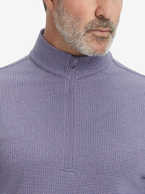 Close-up of collar and fleece lining on casual fleece lined quarter zip pullover in purple.