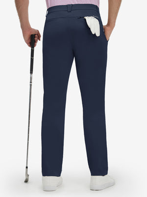 Back lower body shot of model wearing navy breathable casual slacks with 4 pockets