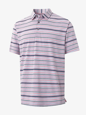 3D view of PINK BLUE STRIPE Performance Yarn Dye Striped Polo showing striped pattern and fit