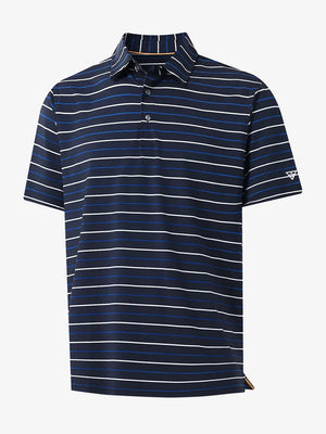 3D mockup of NAVY STRIPE Stylish Performance Golf Polo showing fabric design and silhouette