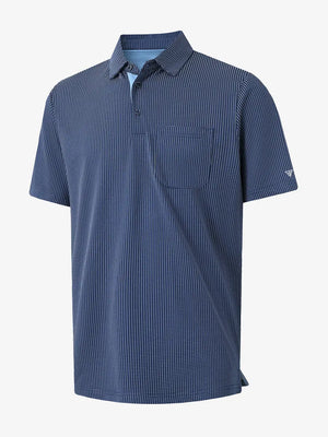 3D view of NAVY Elegant Performance Jacquard Polo showing fabric and collar detail