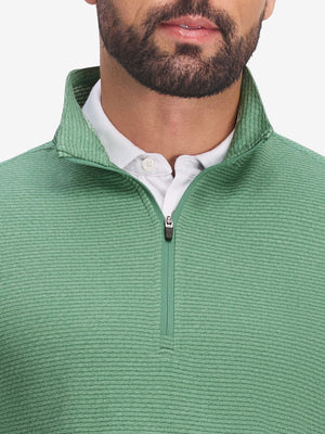 Front view from nose to chest of model wearing light green featherweight midlayer quarter zip pullover