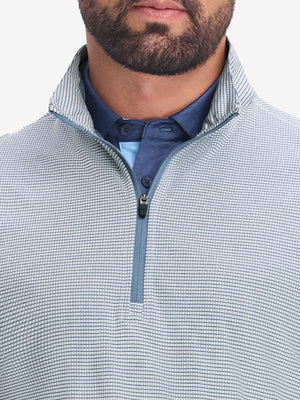 Front view from nose to chest of model wearing white light blue grid featherweight midlayer quarter zip pullover