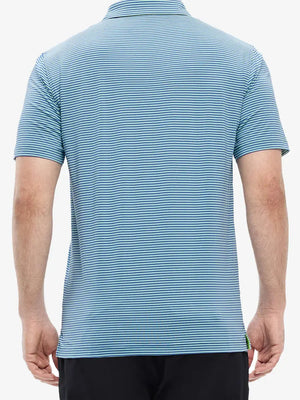 Rear half-body shot of Cooling Stripe Golf Shirt in GREEN ASH STRIPE, showcasing stripe alignment and fit