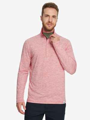 Men wearing Heather Pinstripe Brushed Dry Fit Quarter Zip Pullover in red heather, front half body fit view