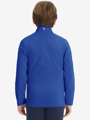Model in kids soft lightweight fleece lined jacket in klein blue, showing back half-body view.