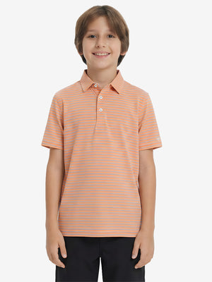 Front upper body of model wearing youth performance golf polos, clean fit and sporty orange/sky blue stripe look