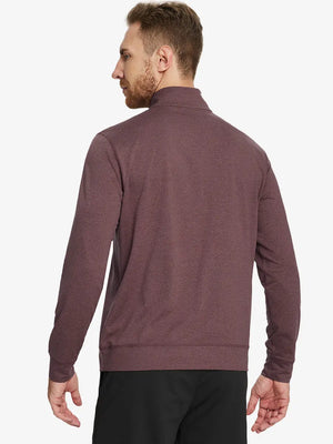 Back half-body view of model in BRICK HEATHER Quarter Zip Melange Pullover highlighting smooth fit.