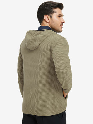Back upper view of model in full zip fleece hoodied jacket, showing fit and seams in desert yellow.