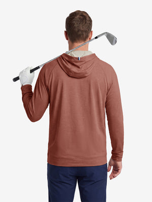 Model back upper body display shot, heather midlayer golf hoodies in red oche heather