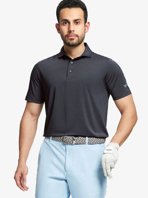 Model in Black Stripe Pinstripe Jersey Performance Polo holding golf club, front half-body view								
