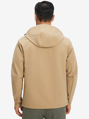 Back upper-body view of water-resistant heat-tech softshell winter jacket with hood in khaki.