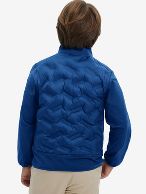 Back upper-body view of boys windproof puffer jacket with pockets on model, shown in klein blue.