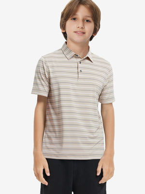 Front upper body of model wearing trendy boys stripe polo shirts, casual fit in light khaki stripe