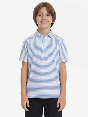 Front upper body of model wearing youth performance golf polos, clean fit and sporty white/light blue look