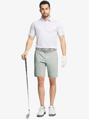 Full body front view of model wearing GLACIER GREY 9 Inch Heather Performance Golf Shorts, holding a golf club