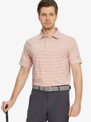 Front half-body golf pose wearing Orange Dark Blue Yarn Dyed Stripe Polo