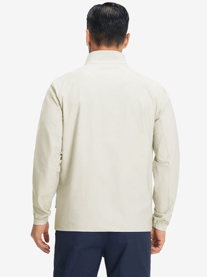 Back view of lightweight water-resistant outerwear jacket on model, showing beige design