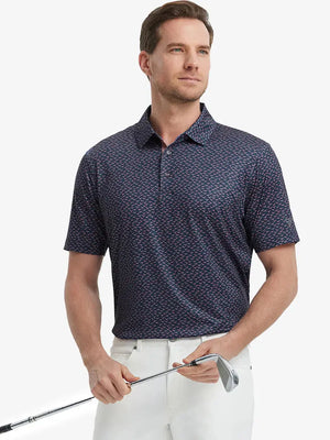 MAELREG Men's Performance Jersey Print Polo in Navy Pink Seagull – front half-body with golf pose