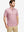 Front half-body of model in pink beach palm stretch printed collarless henley golf shirts