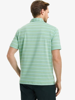 Back half-body view of model wearing LIGHT GREEN STRIPE Stylish Performance Golf Polo
